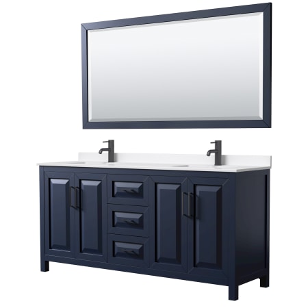 A large image of the Wyndham Collection WCV252572D-QTZ-UNSM70 Dark Blue / White Quartz Top / Matte Black Hardware