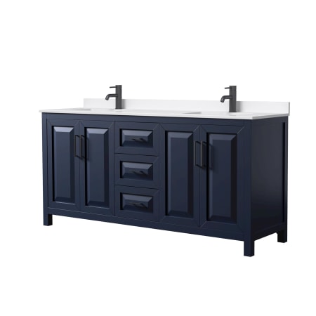 A large image of the Wyndham Collection WCV252572D-QTZ-UNSMXX Dark Blue / White Quartz Top / Matte Black Hardware