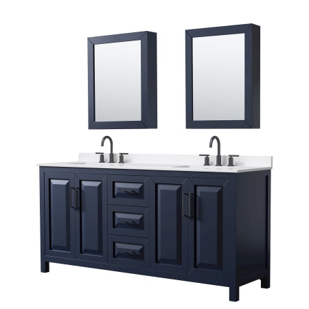 A large image of the Wyndham Collection WCV252572D-QTZ-US3MED Dark Blue / White Quartz Top / Matte Black Hardware