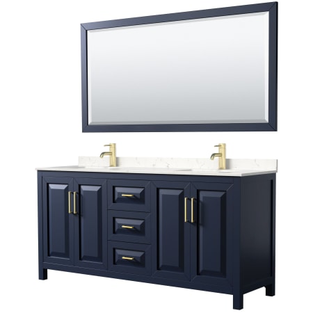 A large image of the Wyndham Collection WCV252572D-VCA-M70 Dark Blue / Carrara Cultured Marble Top / Brushed Gold Hardware