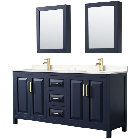 A large image of the Wyndham Collection WCV252572D-VCA-MED Dark Blue / Carrara Cultured Marble Top / Brushed Gold Hardware