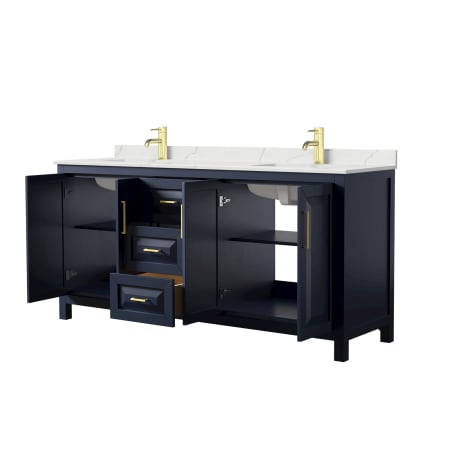 A large image of the Wyndham Collection WCV252572D-QTZ-UNSMXX Dark Blue / Giotto Quartz Top / Brushed Gold Hardware