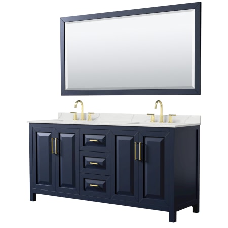 A large image of the Wyndham Collection WCV252572D-QTZ-US3M70 Dark Blue / Giotto Quartz Top / Brushed Gold Hardware