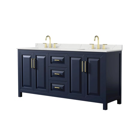 A large image of the Wyndham Collection WCV252572D-QTZ-US3MXX Dark Blue / Giotto Quartz Top / Brushed Gold Hardware