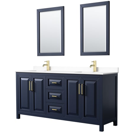 A large image of the Wyndham Collection WCV252572D-VCA-M24 Dark Blue / White Cultured Marble Top / Brushed Gold Hardware