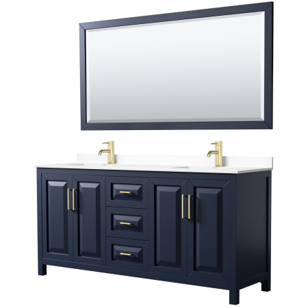 A large image of the Wyndham Collection WCV252572D-VCA-M70 Dark Blue / White Cultured Marble Top / Brushed Gold Hardware