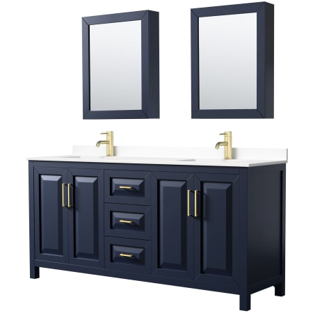 A large image of the Wyndham Collection WCV252572D-VCA-MED Dark Blue / White Cultured Marble Top / Brushed Gold Hardware