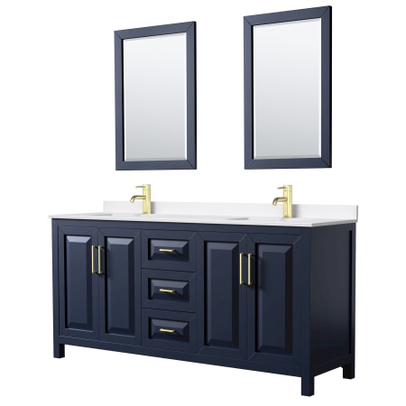 A large image of the Wyndham Collection WCV252572D-QTZ-UNSM24 Dark Blue / White Quartz Top / Brushed Gold Hardware