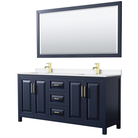 A large image of the Wyndham Collection WCV252572D-QTZ-UNSM70 Dark Blue / White Quartz Top / Brushed Gold Hardware