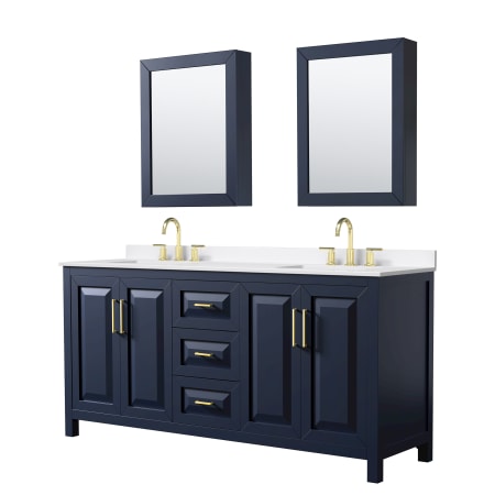 A large image of the Wyndham Collection WCV252572D-QTZ-US3MED Dark Blue / White Quartz Top / Brushed Gold Hardware