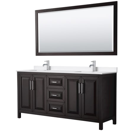 A large image of the Wyndham Collection WCV252572D-QTZ-UNSM70 Dark Espresso / White Quartz Top / Polished Chrome Hardware