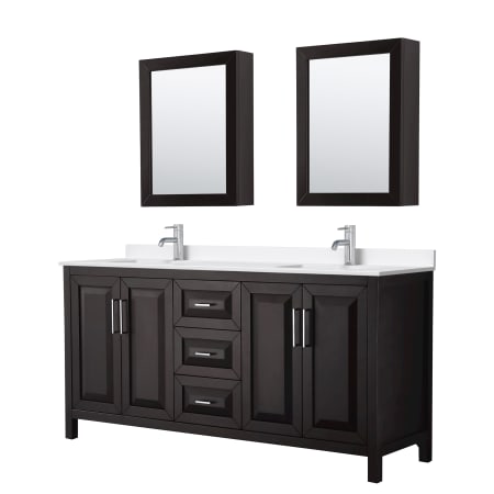 A large image of the Wyndham Collection WCV252572D-QTZ-UNSMED Dark Espresso / White Quartz Top / Polished Chrome Hardware