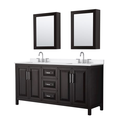 A large image of the Wyndham Collection WCV252572D-QTZ-US3MED Dark Espresso / White Quartz Top / Polished Chrome Hardware