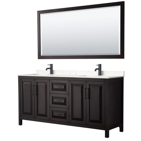A large image of the Wyndham Collection WCV252572D-VCA-M70 Dark Espresso / Carrara Cultured Marble Top / Matte Black Hardware