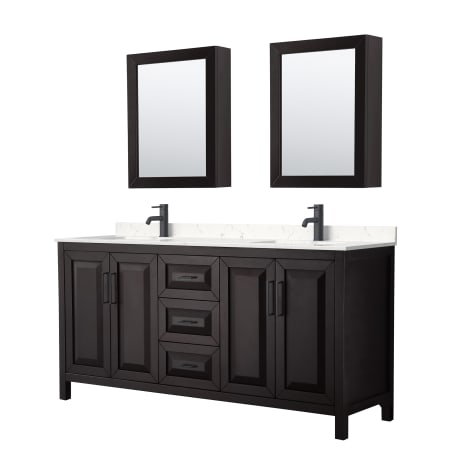 A large image of the Wyndham Collection WCV252572D-VCA-MED Dark Espresso / Carrara Cultured Marble Top / Matte Black Hardware