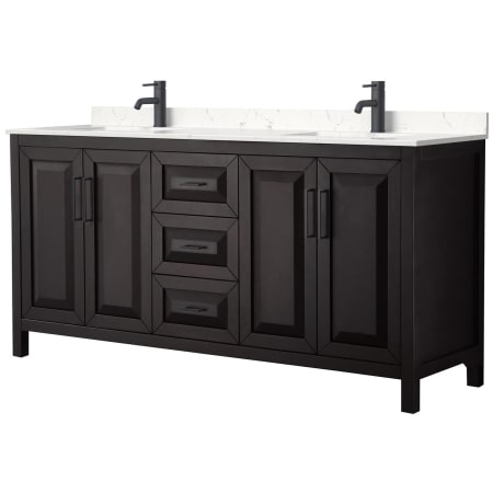 A large image of the Wyndham Collection WCV252572D-VCA-MXX Dark Espresso / Carrara Cultured Marble Top / Matte Black Hardware