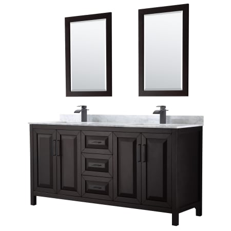 A large image of the Wyndham Collection WCV252572DUNSM24 Dark Espresso / White Carrara Marble Top / Matte Black Hardware