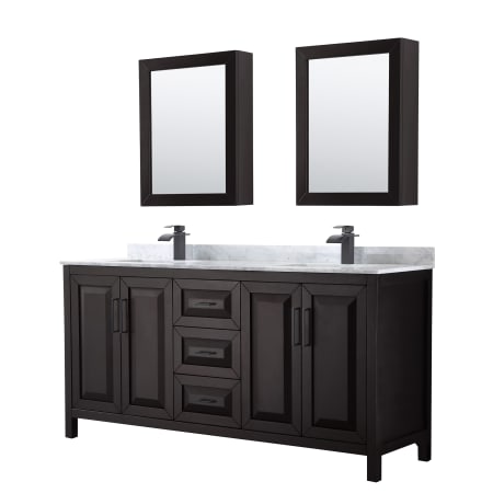 A large image of the Wyndham Collection WCV252572DUNSMED Dark Espresso / White Carrara Marble Top / Matte Black Hardware