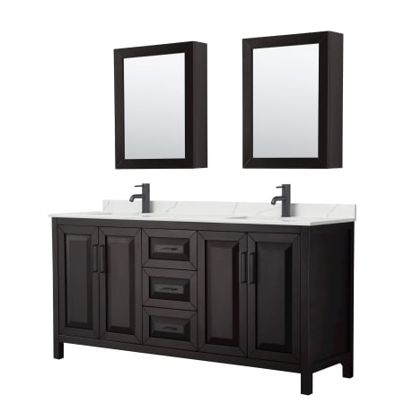 A large image of the Wyndham Collection WCV252572D-QTZ-UNSMED Dark Espresso / Giotto Quartz Top / Matte Black Hardware