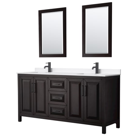 A large image of the Wyndham Collection WCV252572D-QTZ-UNSM24 Dark Espresso / White Quartz Top / Matte Black Hardware