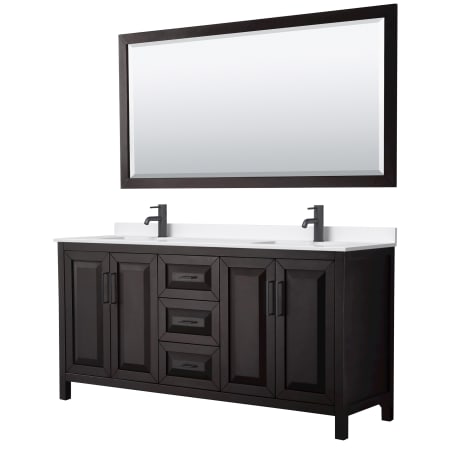 A large image of the Wyndham Collection WCV252572D-QTZ-UNSM70 Dark Espresso / White Quartz Top / Matte Black Hardware