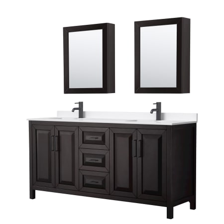 A large image of the Wyndham Collection WCV252572D-QTZ-UNSMED Dark Espresso / White Quartz Top / Matte Black Hardware