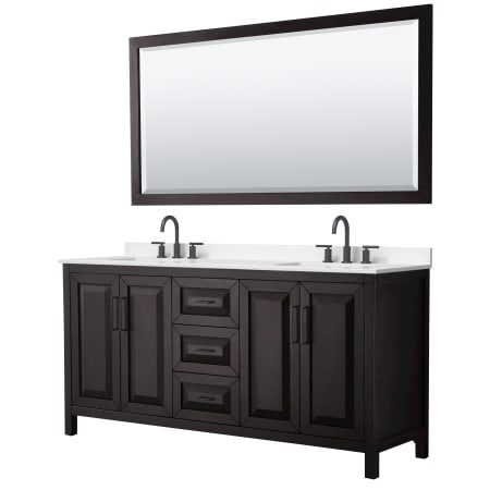 A large image of the Wyndham Collection WCV252572D-QTZ-US3M70 Dark Espresso / White Quartz Top / Matte Black Hardware