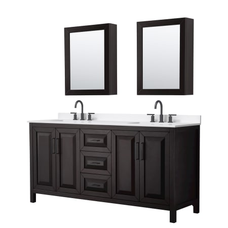 A large image of the Wyndham Collection WCV252572D-QTZ-US3MED Dark Espresso / White Quartz Top / Matte Black Hardware