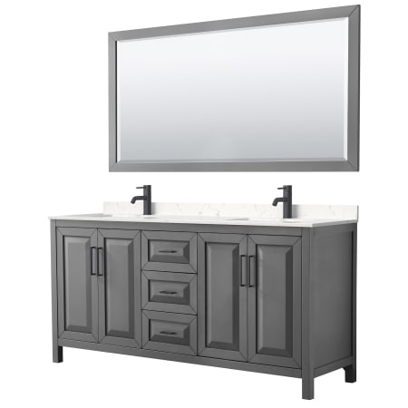 A large image of the Wyndham Collection WCV252572D-VCA-M70 Dark Gray / Carrara Cultured Marble Top / Matte Black Hardware