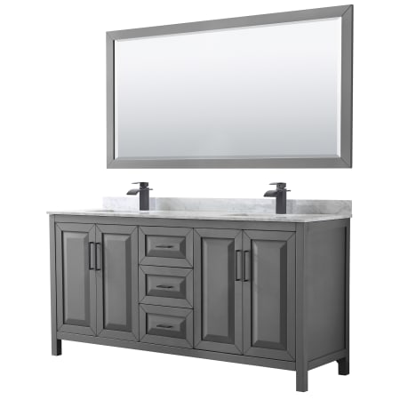A large image of the Wyndham Collection WCV252572DUNSM70 Dark Gray / White Carrara Marble Top / Matte Black Hardware