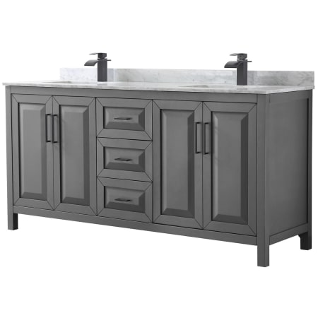 A large image of the Wyndham Collection WCV252572DUNSMXX Dark Gray / White Carrara Marble Top / Matte Black Hardware