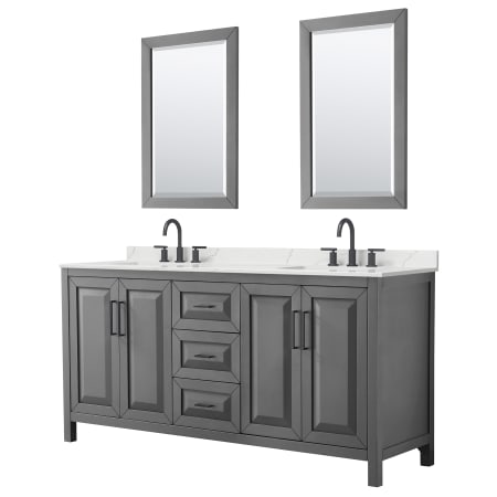 A large image of the Wyndham Collection WCV252572D-QTZ-US3M24 Dark Gray / Giotto Quartz Top / Matte Black Hardware