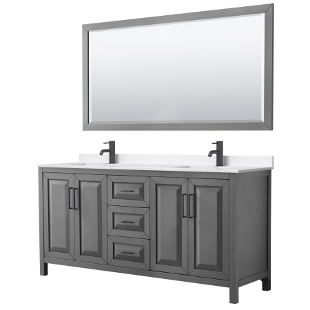 A large image of the Wyndham Collection WCV252572D-QTZ-UNSM70 Dark Gray / White Quartz Top / Matte Black Hardware