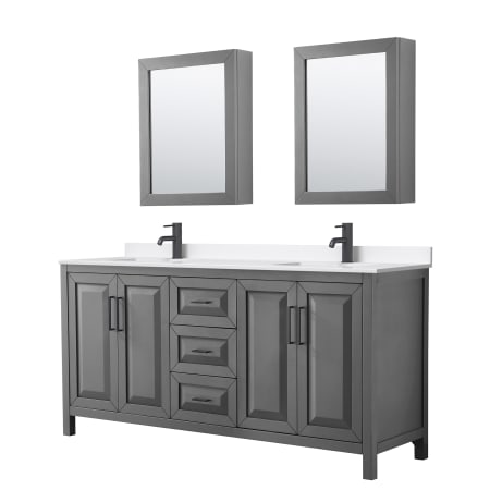 A large image of the Wyndham Collection WCV252572D-QTZ-UNSMED Dark Gray / White Quartz Top / Matte Black Hardware