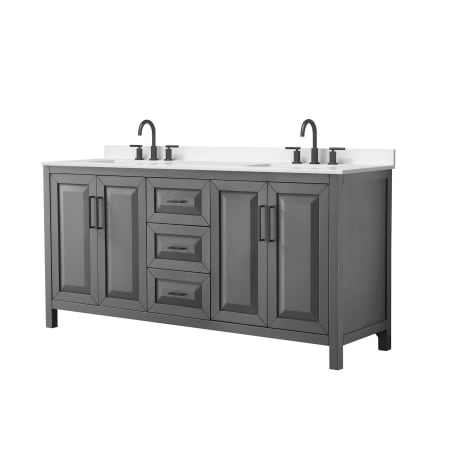 A large image of the Wyndham Collection WCV252572D-QTZ-US3MXX Dark Gray / White Quartz Top / Matte Black Hardware