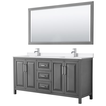 A large image of the Wyndham Collection WCV252572D-QTZ-UNSM70 Dark Gray / White Quartz Top / Polished Chrome Hardware