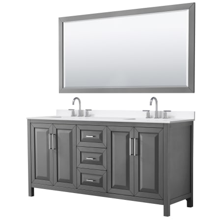 A large image of the Wyndham Collection WCV252572D-QTZ-US3M70 Dark Gray / White Quartz Top / Polished Chrome Hardware