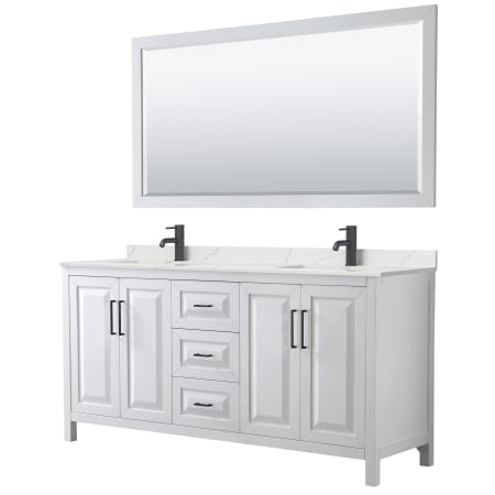 A large image of the Wyndham Collection WCV252572D-QTZ-UNSM70 White / Giotto Quartz Top / Matte Black Hardware