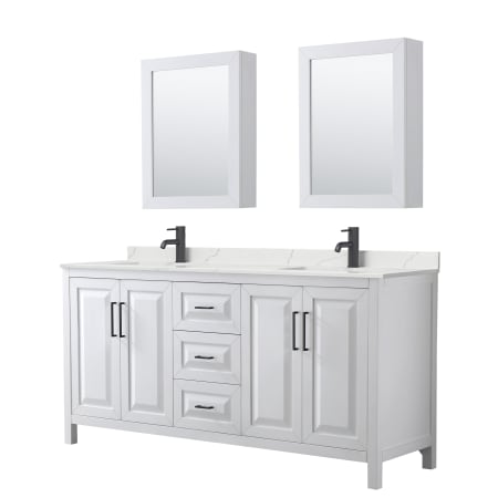 A large image of the Wyndham Collection WCV252572D-QTZ-UNSMED White / Giotto Quartz Top / Matte Black Hardware