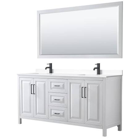 A large image of the Wyndham Collection WCV252572D-VCA-M70 White / White Cultured Marble Top / Matte Black Hardware