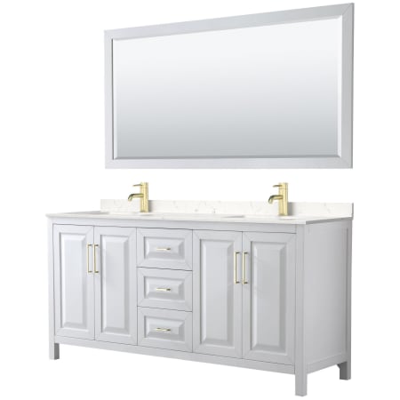 A large image of the Wyndham Collection WCV252572D-VCA-M70 White / Carrara Cultured Marble Top / Brushed Gold Hardware