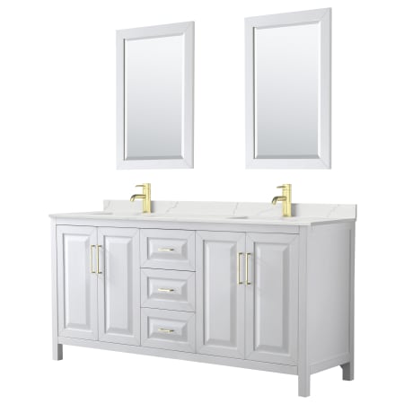 A large image of the Wyndham Collection WCV252572D-QTZ-UNSM24 White / Giotto Quartz Top / Brushed Gold Hardware