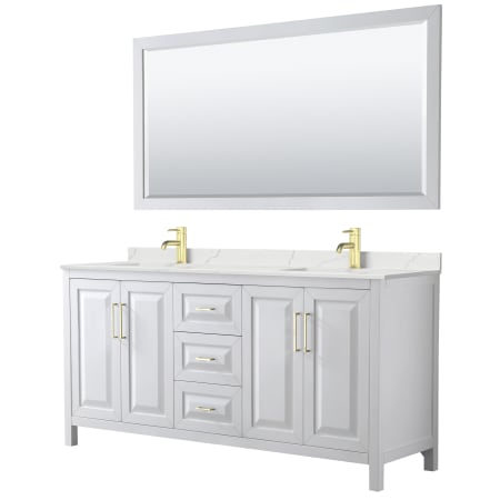 A large image of the Wyndham Collection WCV252572D-QTZ-UNSM70 White / Giotto Quartz Top / Brushed Gold Hardware