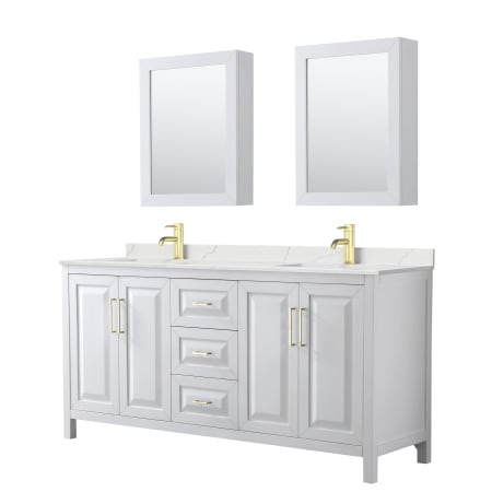 A large image of the Wyndham Collection WCV252572D-QTZ-UNSMED White / Giotto Quartz Top / Brushed Gold Hardware