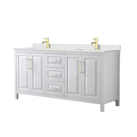 A large image of the Wyndham Collection WCV252572D-QTZ-UNSMXX White / Giotto Quartz Top / Brushed Gold Hardware