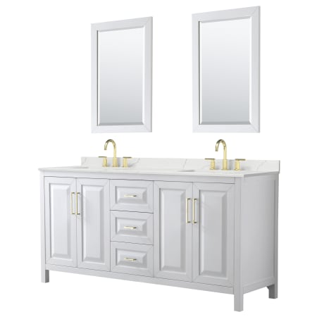 A large image of the Wyndham Collection WCV252572D-QTZ-US3M24 White / Giotto Quartz Top / Brushed Gold Hardware