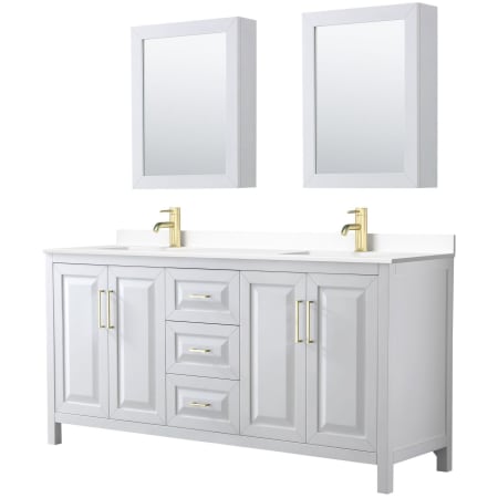 A large image of the Wyndham Collection WCV252572D-VCA-MED White / White Cultured Marble Top / Brushed Gold Hardware