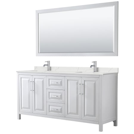 A large image of the Wyndham Collection WCV252572D-QTZ-UNSM70 White / Giotto Quartz Top / Polished Chrome Hardware