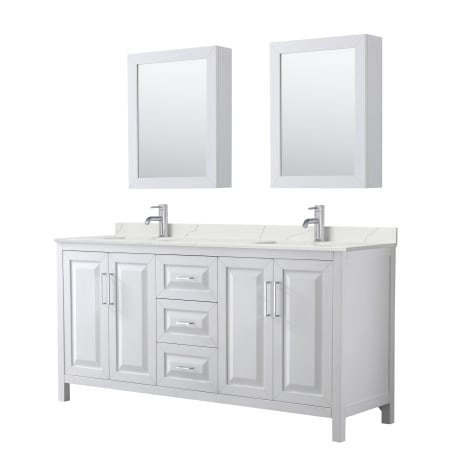 A large image of the Wyndham Collection WCV252572D-QTZ-UNSMED White / Giotto Quartz Top / Polished Chrome Hardware