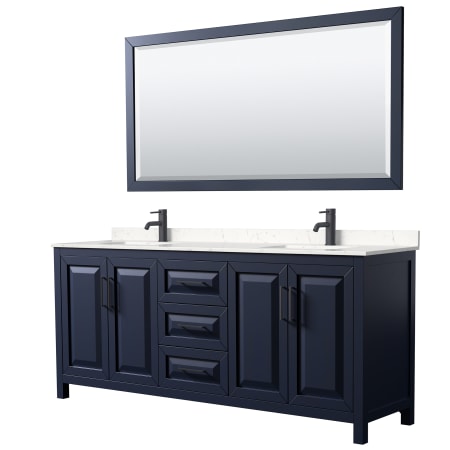 A large image of the Wyndham Collection WCV252580D-VCA-M70 Dark Blue / Carrara Cultured Marble Top / Matte Black Hardware